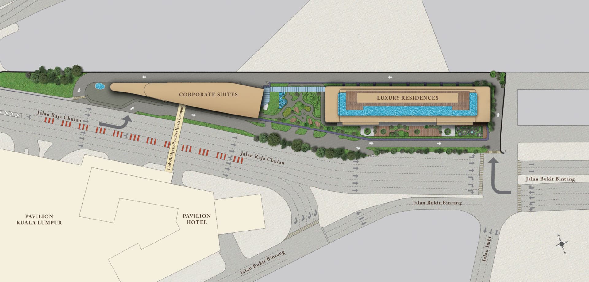 Pavilion Square Kuala Lumpur site plan showing the Luxury Residences, Corporate Suites and the link-bridge to Pavilion Kuala Lumpur