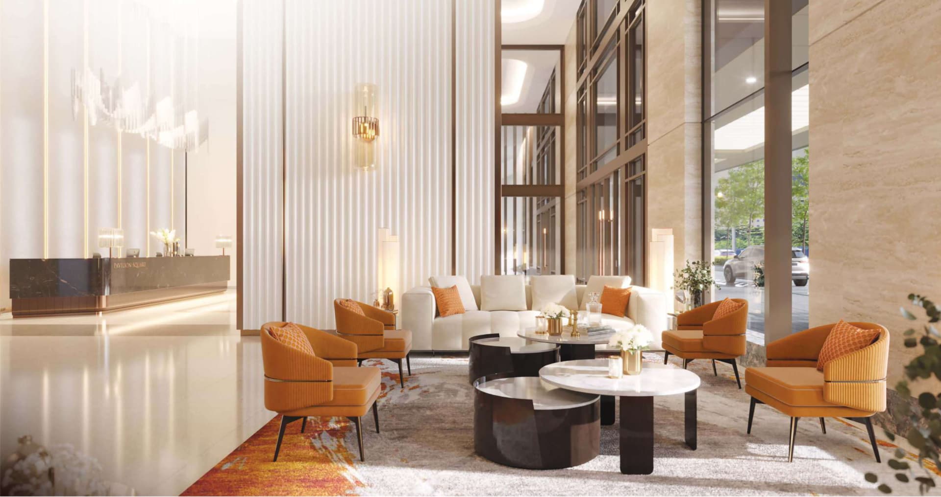 Pavilion Square arrival lobby with concierge desk and lounge seating
