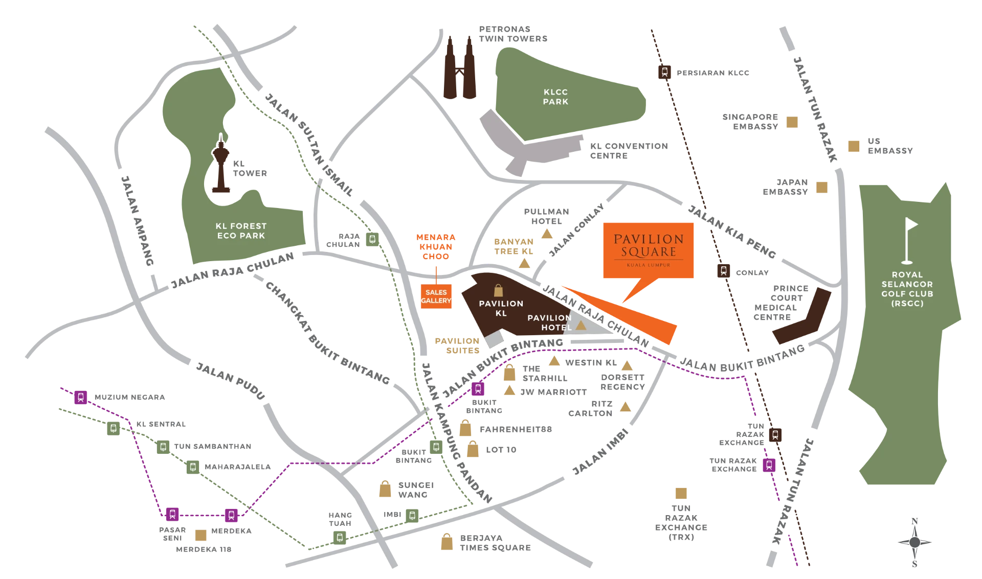 Map showing Pavilion Square, rail lines, hotels, shopping malls, landmarks and nearby green spaces